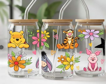 Cute Bear Friends 16oz Glass Can Wrap PNG | Floral Cartoon Animal Libbey Cup Sublimation Design for Kids Digital Download