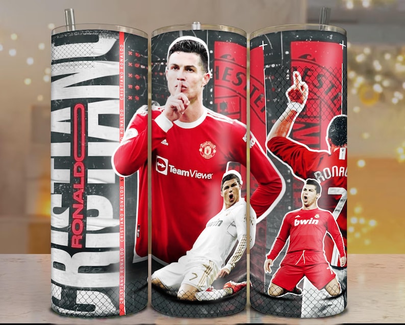 May include: A stainless steel tumbler featuring images of Cristiano Ronaldo in various poses and uniforms. The tumbler has a black and white background with the name "Ronaldo" in large, bold letters.