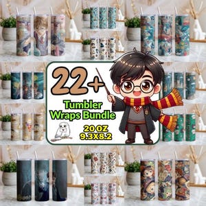 May include: A collection of 22+ tumbler wraps, each 20 oz and measuring 23.6 x 20.8 cm. The image showcases diverse designs, including character illustrations and themed patterns. The tumblers are displayed with straws and lids.