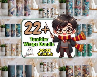 22種類以上の魔法使いタンブラーラップセット – 魔法学校キャラクターPNG、ファンタジーテーマ20オンススリム昇華プリント