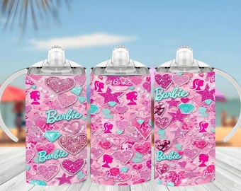 Pink Glam Doll 12oz Sippy Cup Wrap PNG | Glitter Heart Kids Tumbler Sublimation Design | Digital Download