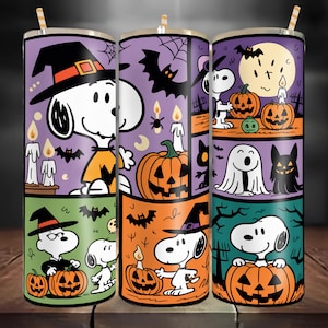 May include: A Halloween-themed tumbler featuring Snoopy in various spooky scenes. The design includes Snoopy dressed as a witch, pumpkins, bats, ghosts, and a full moon. The tumbler has a straw and a black lid, perfect for seasonal beverages.