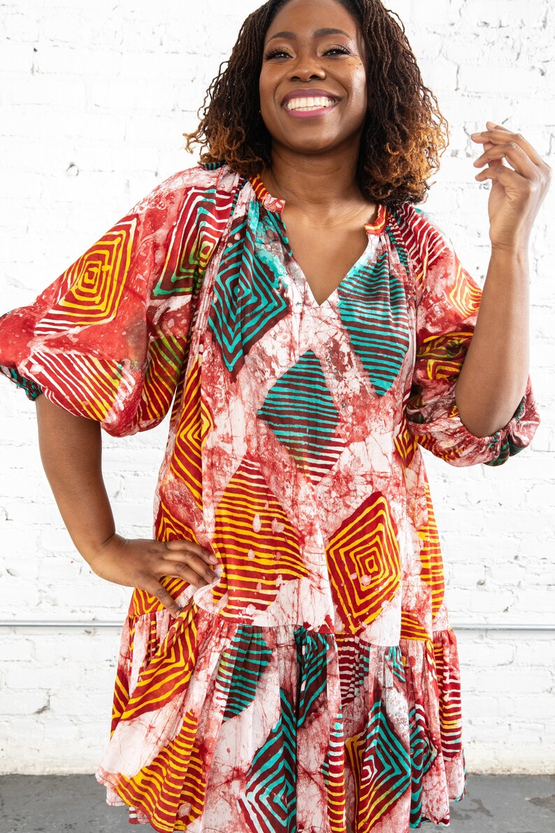 Batik print dress, pink, indigo, African print for women, African clothing, adire dress, dress, tunic dress, zoom outfit image 1