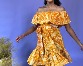 Batik dress, party dress, off the shoulder dress, Print dress, African-inspired clothing, African dress, dress, yellow dress, vacation dress