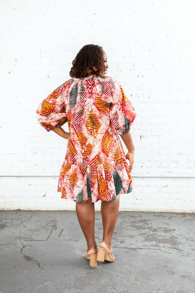Batik print dress, pink, indigo, African print for women, African clothing, adire dress, dress, tunic dress, zoom outfit image 5