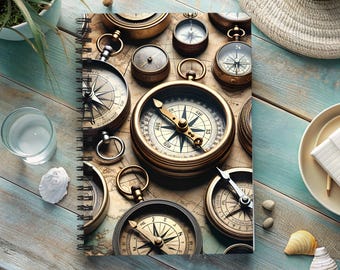 Cuaderno de espiral con brújula vintage, diario de escritura creativa, agenda personal para escribir a diario.