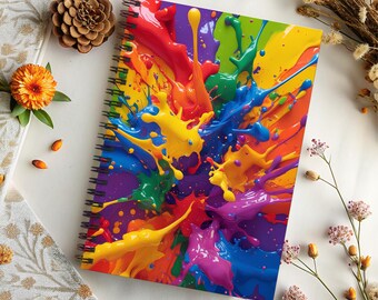 Cuaderno espiral con salpicaduras de pintura arcoíris, diario de viaje para escritura creativa, bonito diario para escribir a diario.