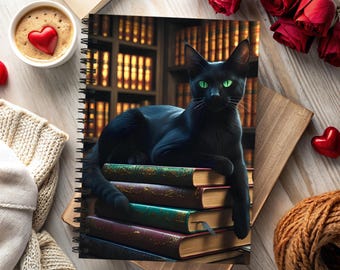 Cuaderno espiral con diseño de gato negro majestuoso, diario de escritura creativa, agenda personal para escribir a diario.