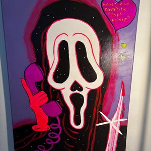 May include: A Scream-themed painting on canvas. The artwork features the iconic Ghostface mask in white with a black hood against a purple background. A pink speech bubble asks "What's your favourite SCARY MOVIE?" A pink phone and knife are also depicted.