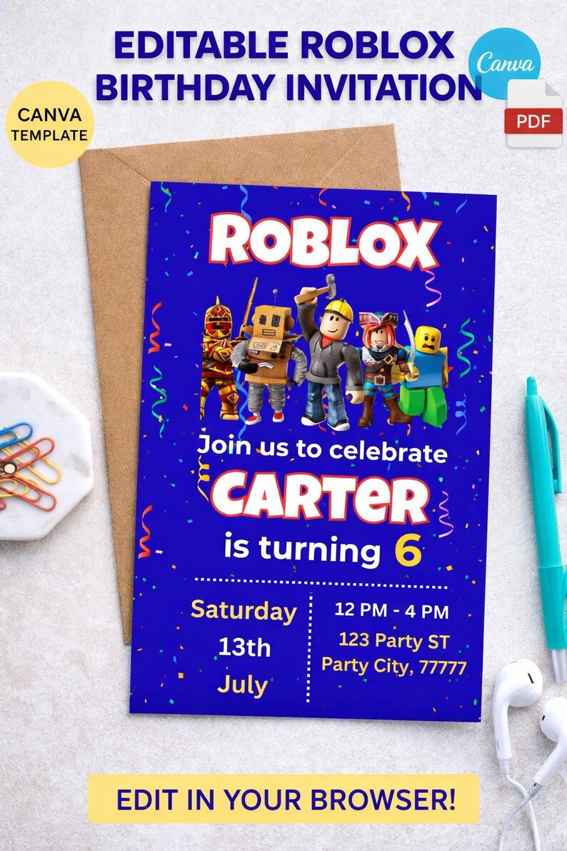 Roblox Birthday Invitation, Editable Canva Kids Gaming Party Invite ...