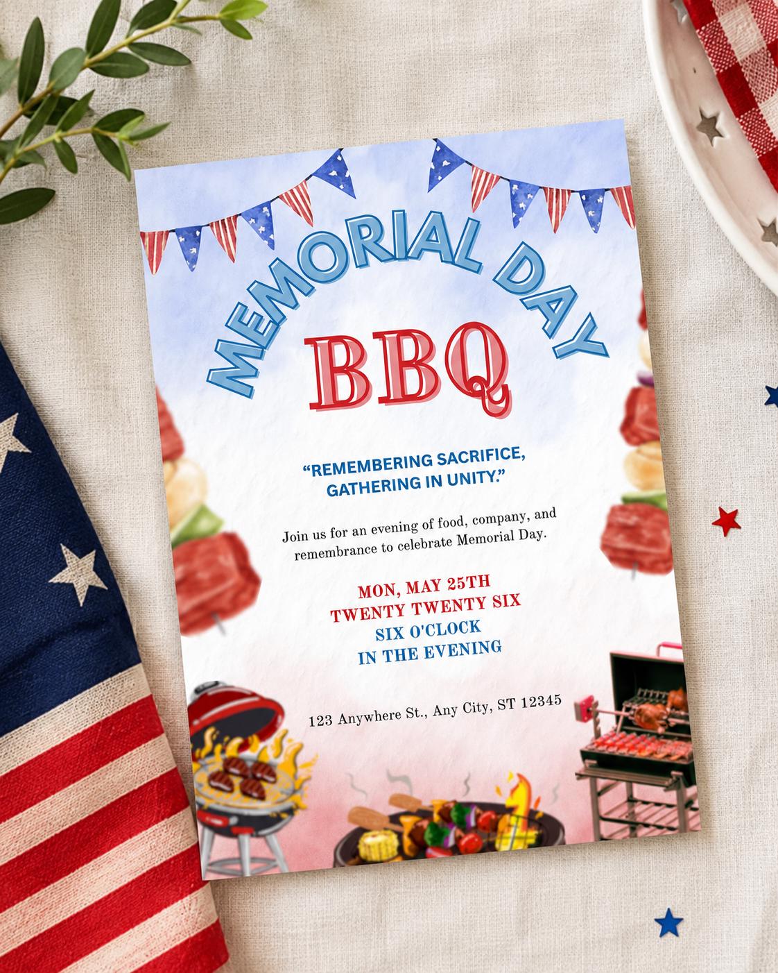 Memorial Day BBQ Invitation Template | Patriotic Cookout Invite ...