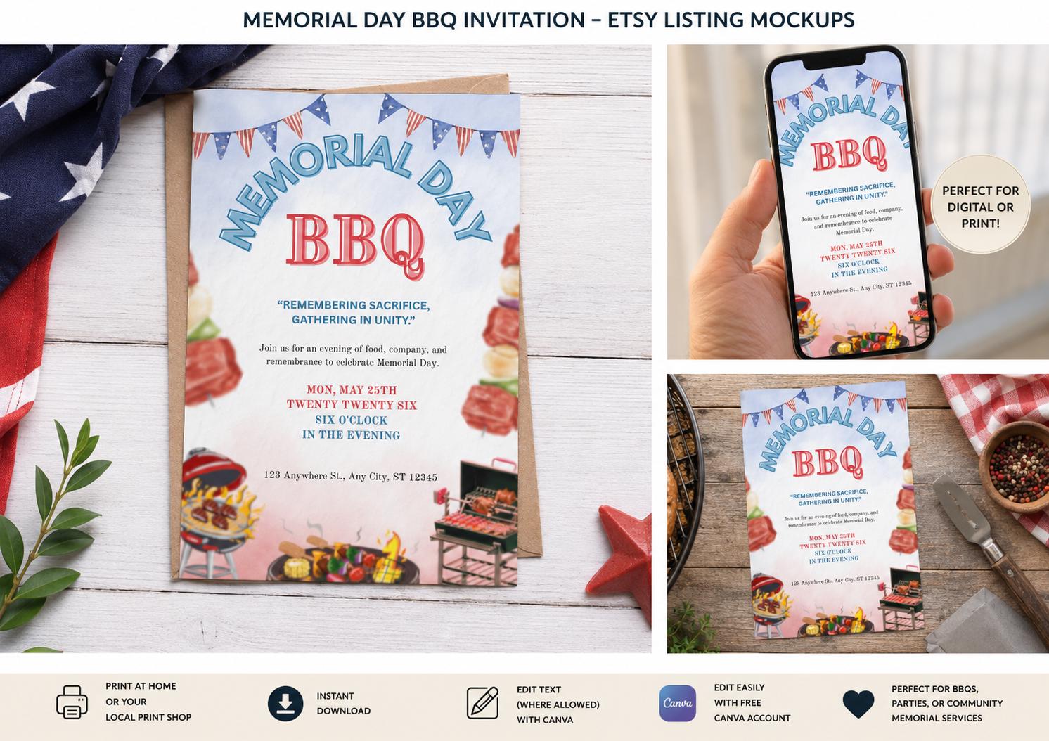 Memorial Day BBQ Invitation Template | Patriotic Cookout Invite ...