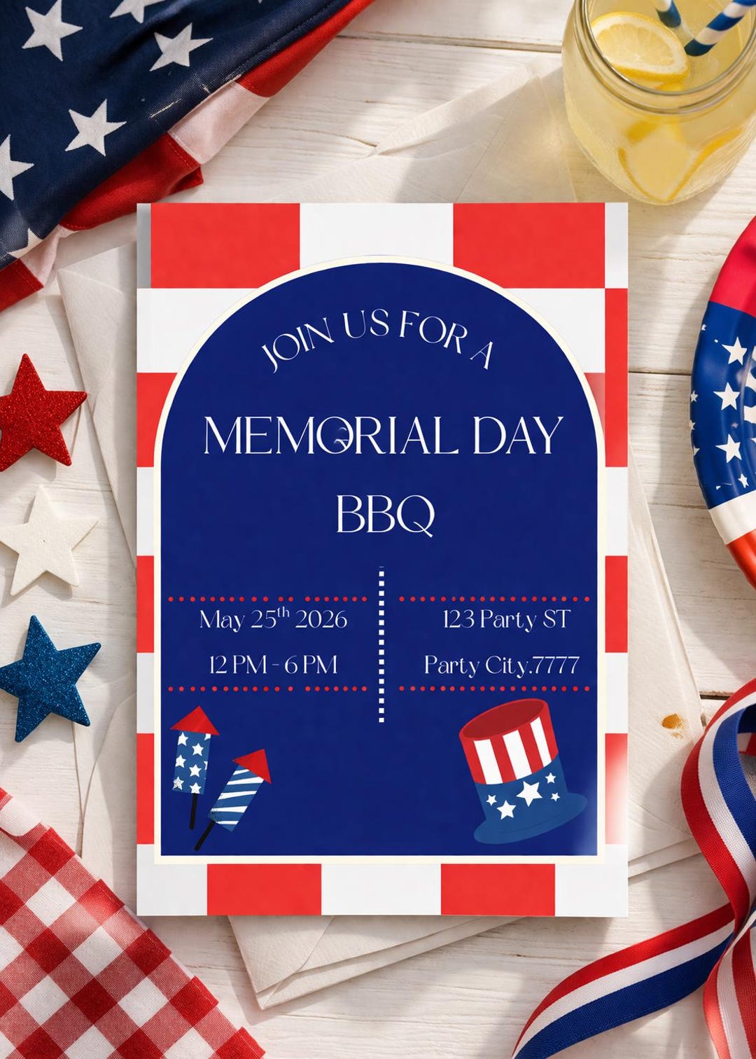 Memorial Day BBQ Invitation, Patriotic Cookout Invite, Editable Canva ...