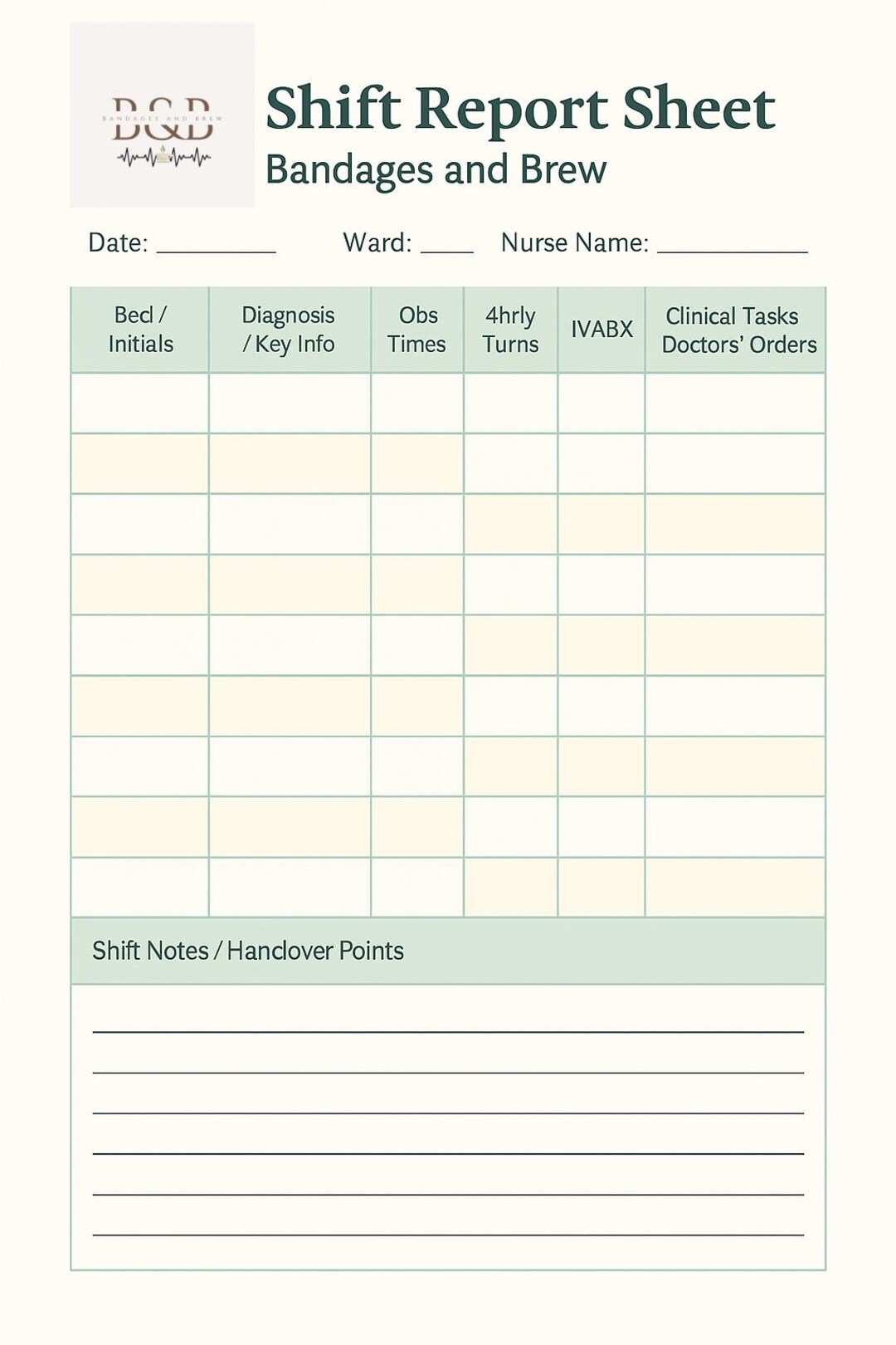 Printable Fillable Shift Report Sheet for Nurses Bandages and Brew - Etsy