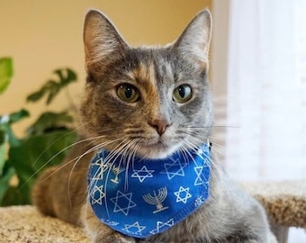 Sapphire Star of David Cat Bandana (slides onto cat's existing collar) with personalization option in Vinyl