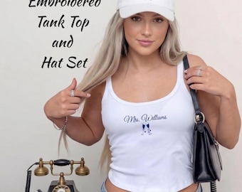 Custom Embroidered Tank Top and Hat Set, Custom Name Matching Outfit, Bridal Shower Gift, Bachelorette Outfit, Bridal Shower Gift Y1225