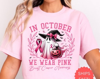 In October We Wear Pink Ghost Shirt, Halloween in October We Wear Pink, Breast Cancer Awareness Shirt, Pink Ribbon Shirt, Wear Pink Pumpkin