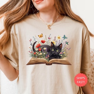 Floral Cat Shirt, Cat Lover T-shirt, Cat Book Shirt, Cat Lover Gift, Gift for Her, Cat Mom Shirt Gift, Cute Cat Shirts, Cute Book Cat Tshirt
