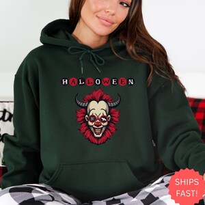 Halloween Clown Hoodie, Creepy Devil Clown Sweatshirt, Horror Halloween Pullover, Scary Costume Top, Spooky Fall Streetwear, Unisex Hoodie