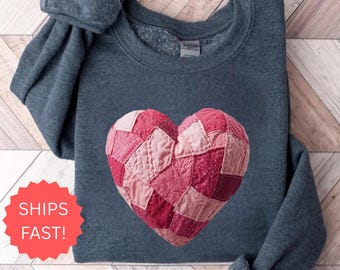 Valentine Patchwork Heart Shirt, Faux Patchwork Quilted Hearts Tee, Quilter Valentine Sweatshirt, Floral Gingham Sewing Lover Gift