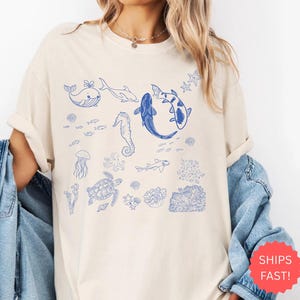 Comfort Colors® Sea Animals-shirt, jaren 90 vintage oceaan-shirt met print, Dolphin Whale Turtle Sealife-shirt, Y2K Beach Surfer zomershirt