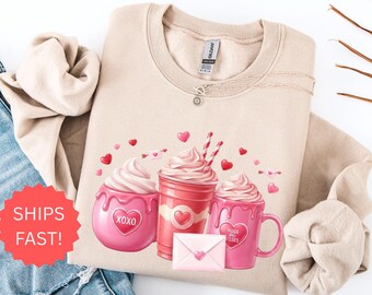 Valentine Coffee Sweatshirt, Womens Valentines Day Sweater, XOXO Sweatshirt, Coffee Lover Gift, Pink Coffee Valentine Shirt, Gift for Her