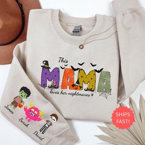 Custom This Mama Loves Her Nightmares Sweatshirts, Halloween Horror Mama Sweater, Halloween Gift, Grandma Gift, Custom Halloween Kids Name
