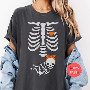Halloween Maternity Shirt, Skeleton Pregnancy Tee, Funny Pregnant Costume, Fall Baby Reveal Shirt, Spooky Mama Comfort Colors Tshirt