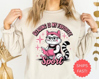 Reading Is My Favorite Sport Sweatshirt, Bookish Cozy Reader Gift, Cute Cat Book Lover Pullover, Librarian Reading Shirt, Retro Book Tee