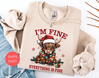 Christmas Lights Cow Sweatshirt, Everything is Fine Shirt , Funny Animals Shirt, Christmas Highland Cow Crewneck , Christmas Gifts
