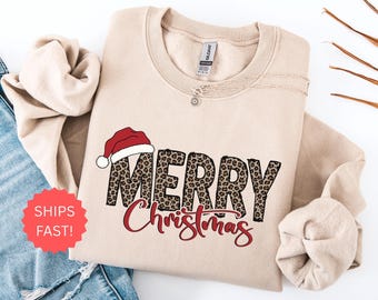 Merry Christmas Sweatshirt, Leopard Christmas Sweater, Christmas Family crewneck, Xmas Gift Idea, Woman Xmas Shirt, Cute Winter Holiday Tee