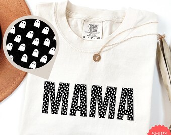 Ghost Print Mama Shirt, Comfort Colors® Halloween Mom Tee, Cute Spooky Season Shirt for Moms, Fall Ghost Shirt, Halloween Mama Gift