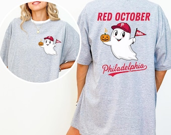 Koszulka Phillies Halloween Ghost T-Shirt: Czerwony październikowy baseballowy t-shirt