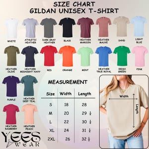 May include: A Gildan unisex t-shirt size chart displaying twenty-two color options including white, heather maroon, and sand. A measurement table lists sizes S through 2XL with width and length in inches. A photo shows a sand t-shirt with width and length arrows.