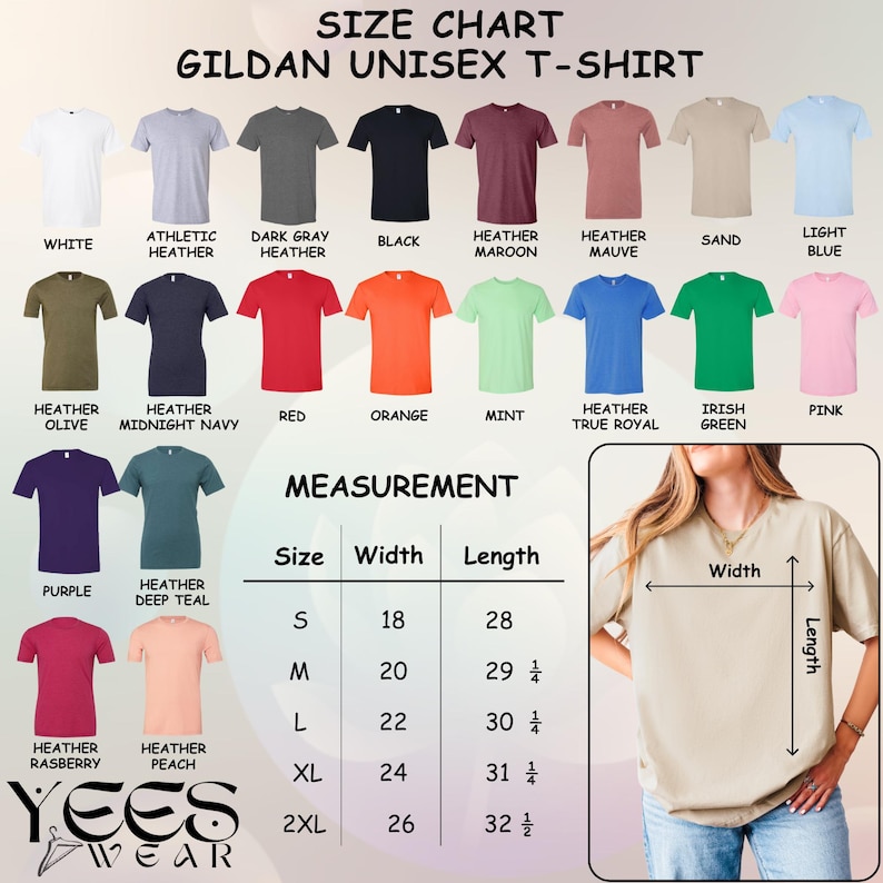 May include: A Gildan unisex t-shirt size chart displaying twenty-two color options including white, heather maroon, and sand. A measurement table lists sizes S through 2XL with width and length in inches. A photo shows a sand t-shirt with width and length arrows.