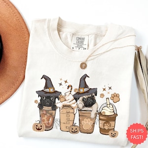 Comfort Colors Halloween Dog Shirt, Witch Pug Coffee Tee, Pumpkin Spice Latte Shirt, Cute Fall Dog Shirt, Funny Halloween Shirt 2025