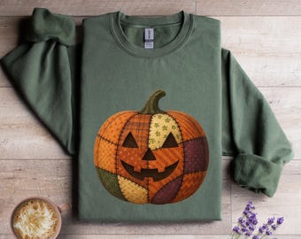 Sudadera de Halloween con diseño de calabaza y patchwork retro, camiseta de calabaza, suéter de temporada espeluznante, bonito atuendo de Halloween para mujer, regalo de Halloween