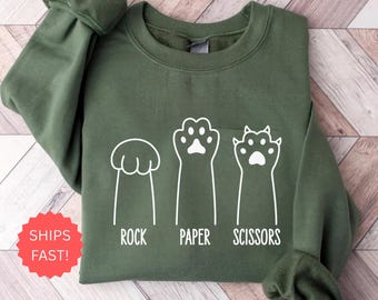 Schere Papier Sweatshirt, lustige Katze Pfoten Shirt, Unisex Rundhals Shirt für Katzenliebhaber, Katzenbesitzer Shirt, Katzenpfoten Shirts, Geschenk für Katzenmama