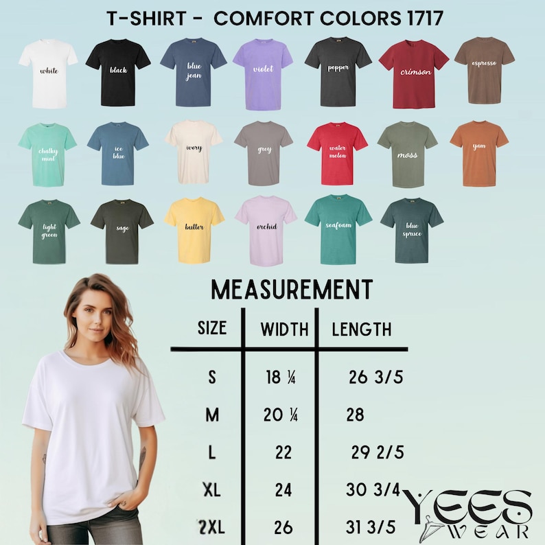 Puede incluir: Una mujer modela una camiseta blanca, con una tabla de colores y medidas disponibles. La tabla muestra varios colores de camisetas, incluyendo negro, azul vaquero, violeta y carmes&iacute;. Las medidas se proporcionan en cent&iacute;metros para el ancho y el largo.