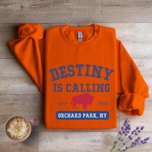 May include: An orange sweatshirt with the text "DESTINY IS CALLING" in blue, with a pink bison graphic and the words "ORCHARD PARK, NY" in a blue rectangle. A cup of coffee and lavender sprigs are in the image.