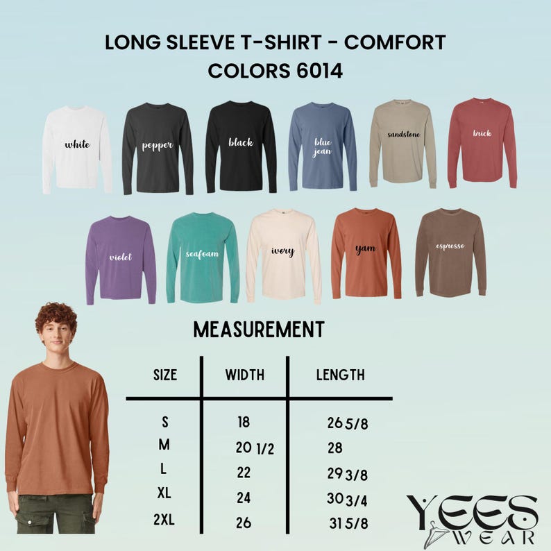 Puede incluir: Exhibici&oacute;n de camisetas de manga larga en varios colores, incluyendo blanco, negro y azul vaquero. La imagen incluye una tabla de tallas con medidas en cm y el texto "LONG SLEEVE T-SHIRT - COMFORT COLORS 6014". Una persona lleva una camiseta color &ntilde;ame.