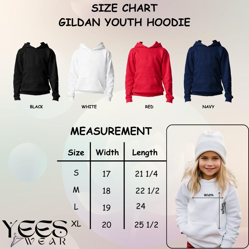 Op de afbeelding: Maattabel voor Gildan-hoodies voor kinderen in zwart, wit, rood en marineblauw. De tabel bevat de afmetingen voor breedte en lengte in cm voor de maten S, M, L en XL. Een jong persoon draagt een witte hoodie.