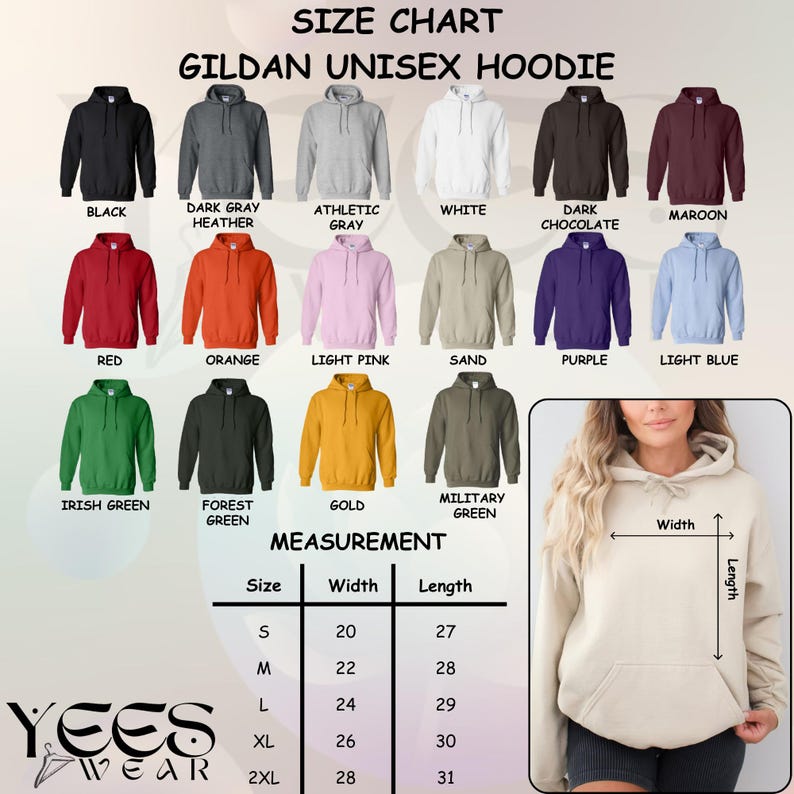 Op de afbeelding: Een maattabel voor Gildan unisex hoodies, met verschillende kleuren zoals zwart, grijs, wit, rood en groen. De tabel bevat afmetingen voor maten S tot en met 2XL, met breedtes van 50.8 tot 71.1 cm en lengtes van 68.6 tot 78.7 cm.