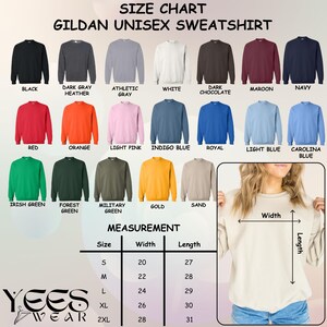 May include: A Gildan unisex sweatshirt size chart displaying twenty color options including black, white, red, and various shades of blue, green, and gray. A measurement table lists sizes S through 2XL with width and length in inches.