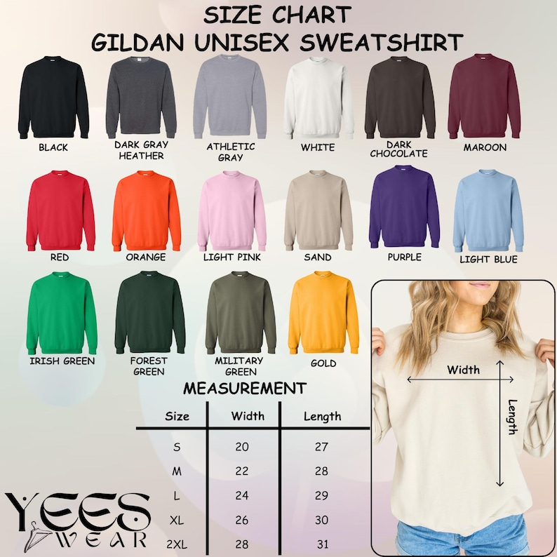 Op de afbeelding: Een maattabel voor Gildan unisex sweatshirts, met verschillende kleuren zoals zwart, rood en lichtblauw. De tabel bevat afmetingen in cm voor de maten S tot en met 2XL, met details over de breedte en lengte. De afbeelding toont ook een persoon die een sweatshirt draagt.