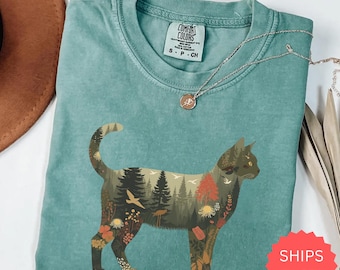 Comfort Colors Boho Cat Plants Shirt: Short & Long Sleeve, Nature Trees Wild Flowers Tees, Women Cat Lovers Tee, Christmas Mom Gift for Her
