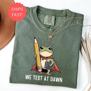 Puede incluir: Camiseta verde con una rana de dibujos animados con capa, sosteniendo un lápiz y un libro. El texto "WE TEST AT DAWN" está impreso debajo. Un collar dorado está sobre la camiseta.