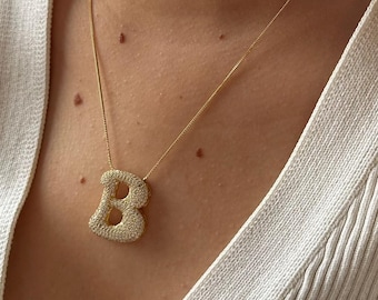 Collana con lettera a bolla in argento sterling, ciondolo iniziale con pavé, ciondolo palloncino 3D personalizzato, alfabeto grande - Italia