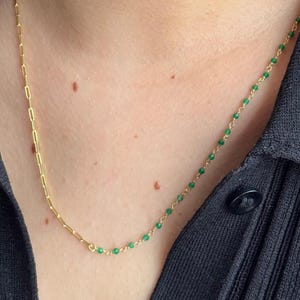 Natural Gemstone Necklace, Link Chain Necklace, Beaded Necklace,Emerald Beaded Gemstone Necklace, Half and Half Necklace,Birthstone Necklace