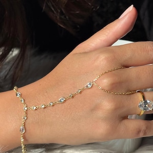 Hand Chain Bracelet, 14k Gold-Plated Sterling Silver Finger Bracelet, Adjustable, Minimalist Jewelry